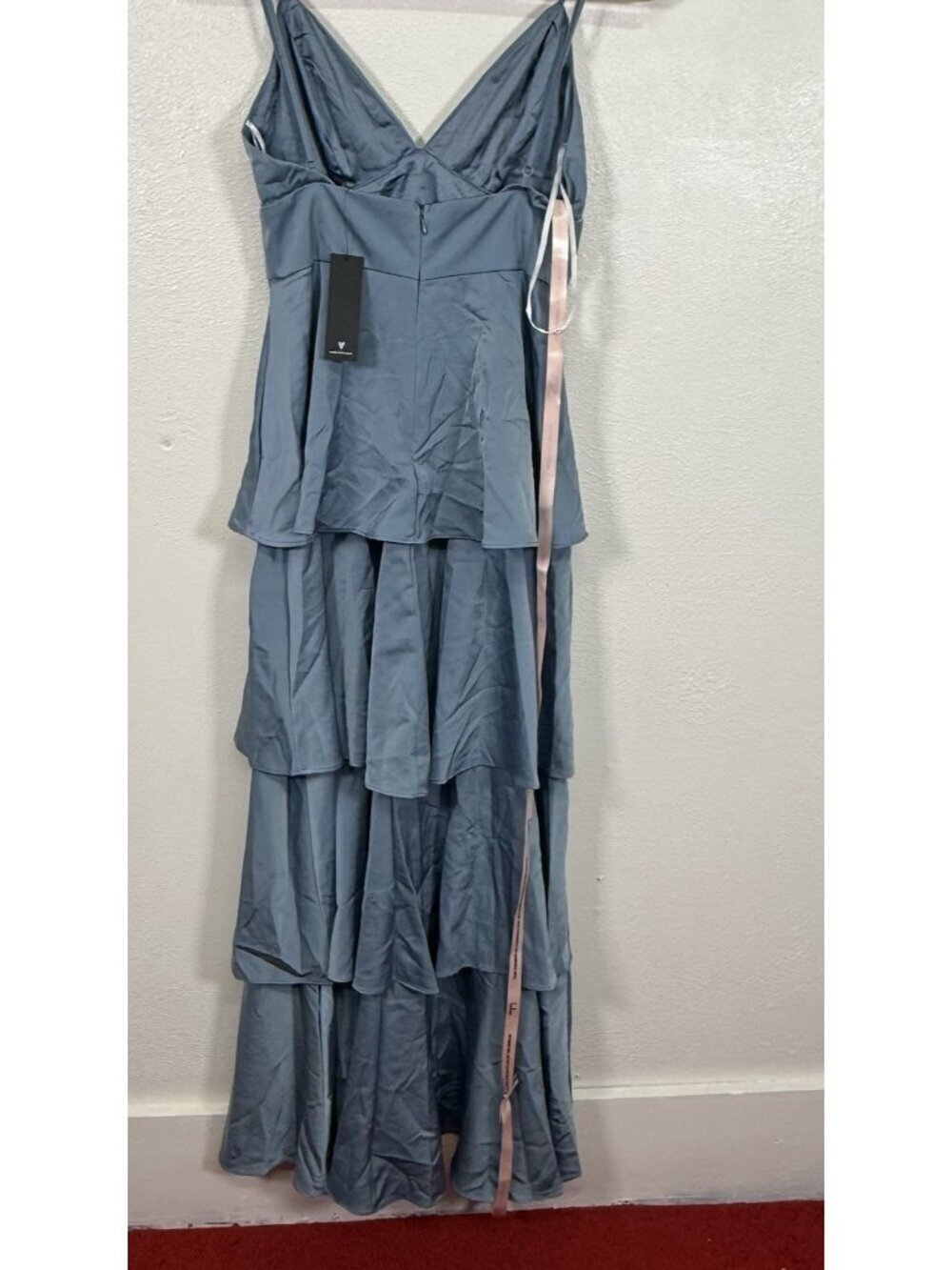 NWT Lulus Going with Elegance Slate Blue Satin Tiered Gown Bridesmaid Gala Small - Picture 3 of 14
